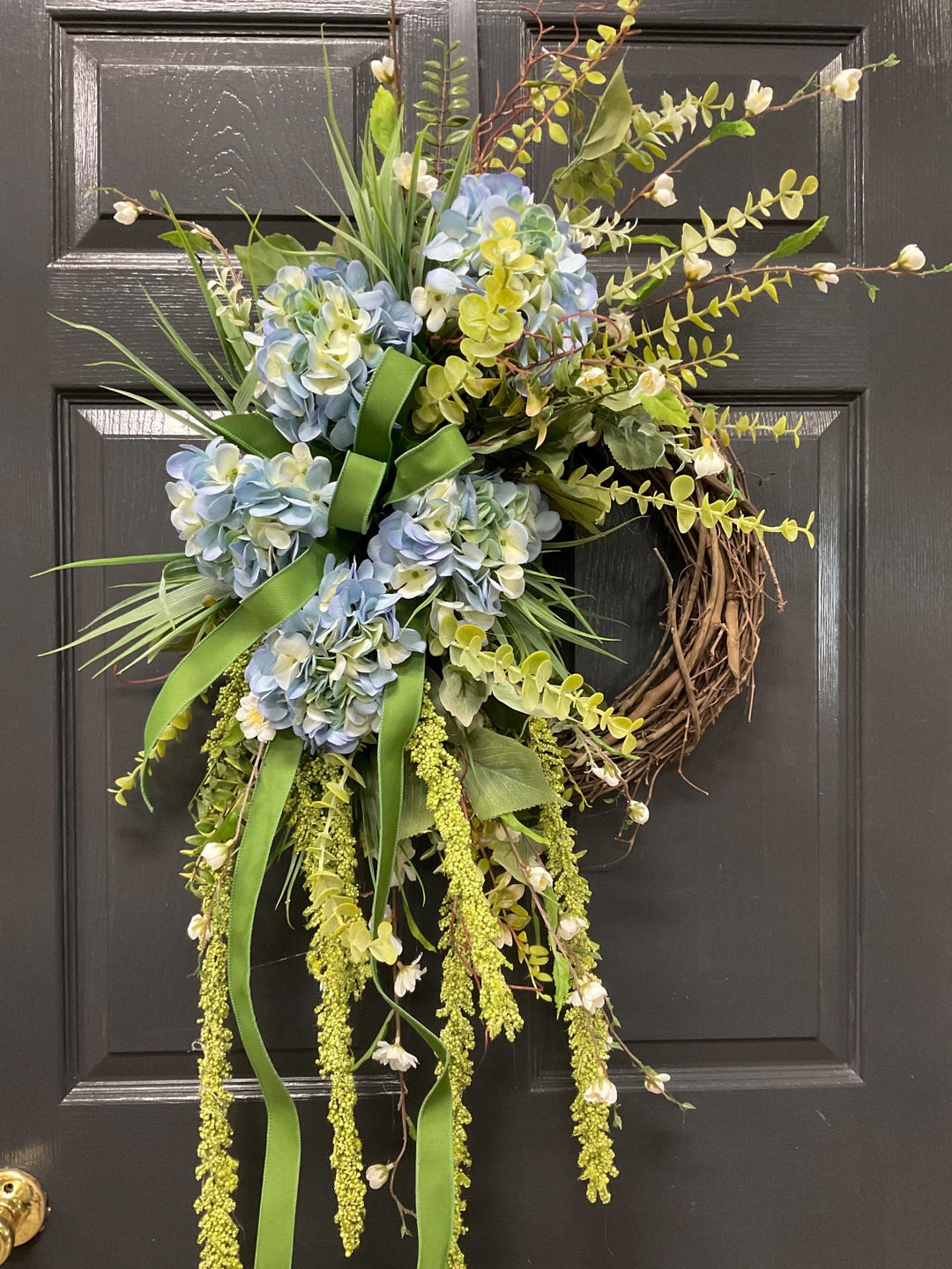 Spring and Summer Front Door Wreath, Blue Hydrangea Wreath, Blue and