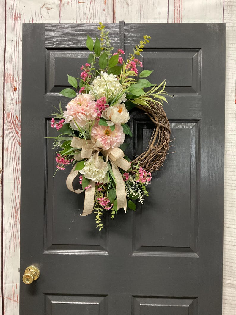 Small Spring Floral Wreath, Pink and White Peony Wreath With Burlap Bow ...