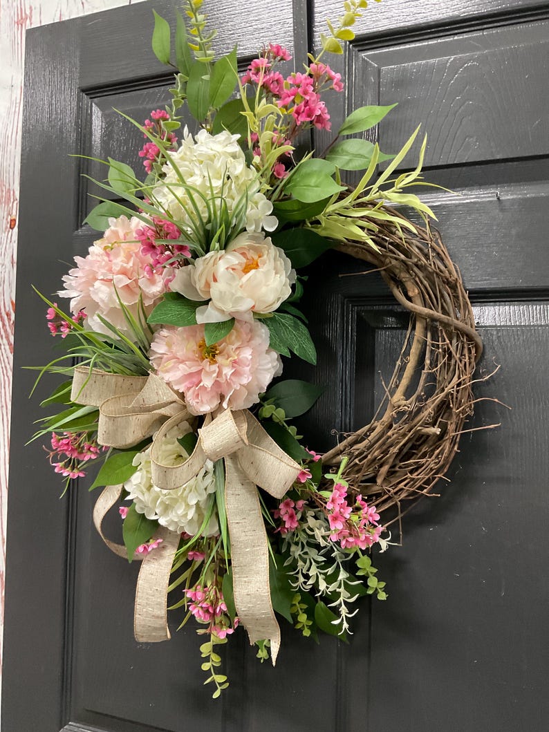 Small Spring Floral Wreath, Pink and White Peony Wreath With Burlap Bow ...