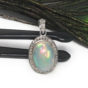 Ethiopian Opal Pendant, Gemstone Pendant, Diamond Pendant, Sterling Silver Opal Pendant, Pave Diamond Jewelry, Gifts for Her