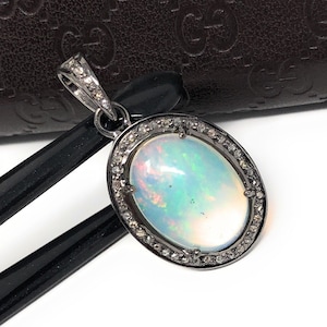 Ethiopian Opal Pendant, Gemstone Pendant, Diamond Pendant, Oxidized Sterling Silver Opal Pendant, Pave Diamond Jewelry, Gifts for Her