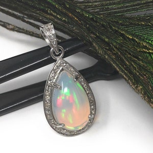 Ethiopian Opal Pendant, Gemstone Pendant, Diamond Pendant, Sterling Silver Opal Pendant, Pave Diamond Jewelry, Gifts for Her