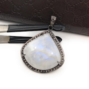Rainbow Moonstone Gemstone Pendant, Oxidized Sterling Silver Diamond Pendant, Pave Diamond Jewelry, Wholesale Gemstone Pendant