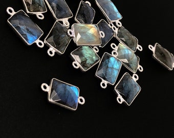 4 Pcs Labradorite Gemstone Connector, Sterling Silver Connectors, Wholesale Jewelry Findings for Jewelry Making, 19.5x9.5mm