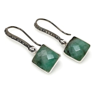 Genuine Emerald Earrings, Pave Diamond Earrings, Sterling Silver Gemstone Earrings, Gifts for Her