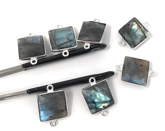 9 Pcs Labradorite Gemstone Connector, Sterling Silver Double Bail Connectors Charms for DIY Jewelry Making, 20x14mm