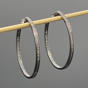 45mm Diamond Hoop Earrings, Oxidized Sterling Silver Pave Diamond Earrings, Silver Hoop Earrings