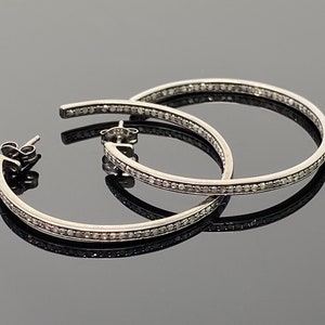 55mm Diamond Hoop Earrings, Oxidized Sterling Silver Pave Diamond Earrings, Silver Hoop Earrings