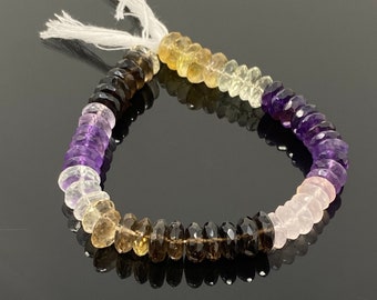 8" Natural Multi Stone German Cut Gemstone Beads - Rose Quartz/ Amethyst/ Citrine / Smokey Quartz/ Green Amethyst , 9mm- 10mm