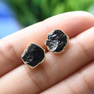 Raw Black Tourmaline Stud Earrings, Rough Gemstone Electroplated Stud Earrings, Healing Crystal Rough Gemstone Studs