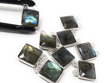 10 Pcs Labradorite Gemstone Connector, Sterling Silver Double Bail Connector Charms, 14x11mm