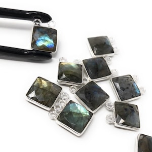 10 Pcs Labradorite Gemstone Connector, Sterling Silver Double Bail Connector Charms, 14x11mm