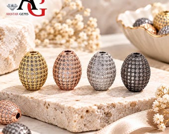 Oval Beads, Micro Pave Beads, CZ Pave Beads, Pave Spacer Beads, DIY Jewelry, Jewelry Findings, Egg Beads, Pave Beads, 16x11.5mm, 1 Piece