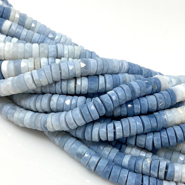 16” Blue Opal Faceted Heishi Beads, Shaded Blue Opal Tyre Shape Gemstone Beads, Bulk Wholesale Beads, Blue Opal Beads