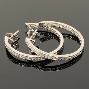 Diamond Hoop Earrings, Sterling Silver Pave Diamond Earrings, Silver Hoop Earrings