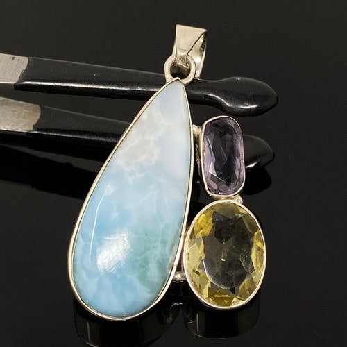Gemstone Pendant - Larimar, Amethyst and Lemon Quartz, Bohemian Jewelry, shops Larimar Pendant, Sterling Silver Jewelry