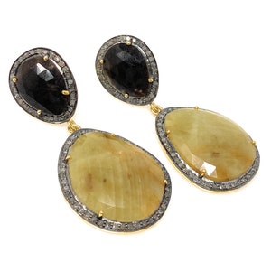 Rare Yellow Sapphire Pave Diamond Earrings, Yellow Sapphire and Smoky Fancy Sapphire Earrings, Genuine Gemstone Earrings