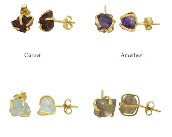 Raw Birthstone Stud Earrings, Gold Plated over Silver Gemstone Stud Earrings, Healing Crystal Rough Gemstone Studs Gifts for Her