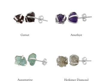 Raw Birthstone Stud Earrings, Sterling Silver Gemstone Stud Earrings, Healing Crystal Rough Gemstone Studs Gifts for Her