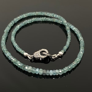 Blue Green Tourmaline Indicolite Necklace with Pave Diamond Clasp, Natural Blue Green  Tourmaline Gemstone Necklace