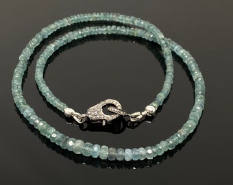 Blue Green Tourmaline Indicolite Necklace with Pave Diamond Clasp, Natural Blue Green  Tourmaline Gemstone Necklace