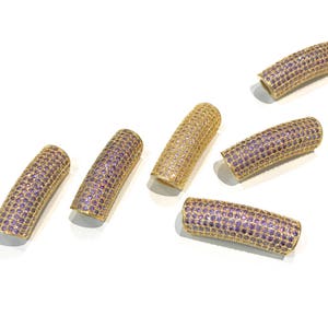 Leather Cord Beads, Gold Plated Curved Tube beads, Jewelry Connectors, CZ Pave Beads, CZ Tube Beads, Bracelet Connectors, 30x10x8mm, 1 Pc