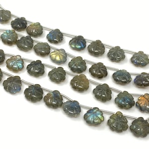 10 Pcs Labradorite Carved Gemstone Beads, Labradorite Flower Carving Heart Shape Beads for Jewelry Making, 12x12mm