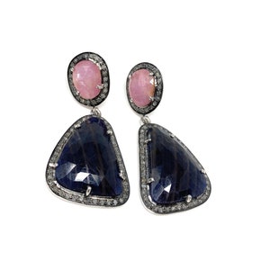 Pave Diamond Sapphire Earrings, Natural Pink and Blue Sapphire Gemstone Earrings, Victorian Jewelry