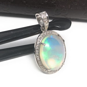 Ethiopian Opal Pendant, Gemstone Pendant, Diamond Pendant, Sterling Silver Opal Pendant, Pave Diamond Jewelry, Gifts for Her