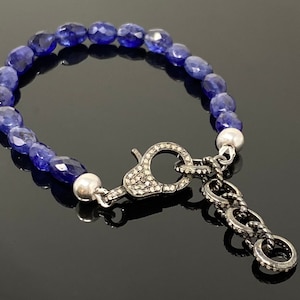 Natural Blue Sapphire Gemstone Bracelet, Pave Diamond Adjustable Bracelet, Sapphire Jewelry, September Birthstone Jewelry