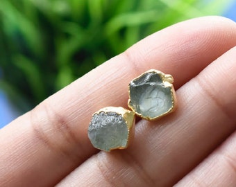 Raw Aquamarine Stud Earrings, March Birthstone Healing Crystal Gemstone Studs, Rough Gemstone Electroplated Earrings, Aquamarine