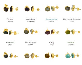 Raw Birthstone Electroplated Stud Earrings, Gold Plated over Silver Gemstone Stud Earrings, Healing Crystal Rough Gemstone Studs