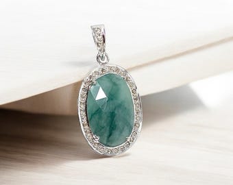 Natural Emerald Pave Diamond Pendant, Spiritual Healing Crystal Jewelry, Heart Chakra Balancing Gemstone Jewelry, May Birthstone Jewelry