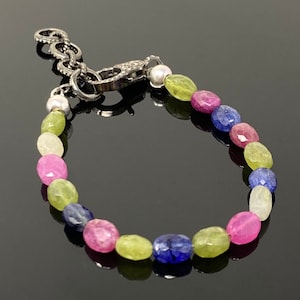 Genuine Multi Sapphire Gemstone Bracelet, Pave Diamond Adjustable Bracelet, Sapphire Jewelry, Gifts for Her