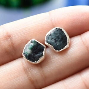 Raw Emerald Stud Earrings, May Birthstone Healing Crystal Rough Gemstone Studs, Rough Gemstone Electroplated Stud Earrings image 2