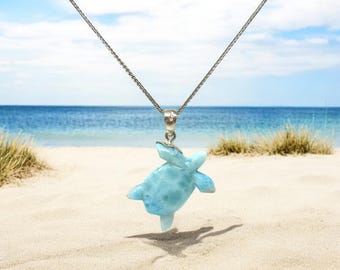 Larimar zeeschildpad schildpad hanger ketting, zilveren boho sieraden, Dominicaanse Republiek larimar ketting cadeaus voor haar, 1,75 x 1,15 inch