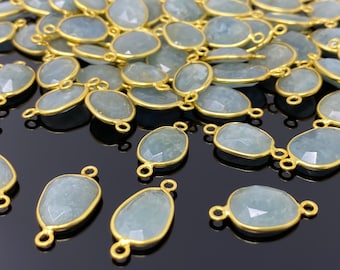 5Pcs/10Pcs Natural Aquamarine Gemstone Connectors, 14K Gold Plated over Sterling Silver, 18x10mm-22x14mm