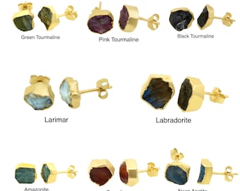 Raw Birthstone Electroplated Stud Earrings, Gold Plated over Silver Gemstone Stud Earrings, Healing Crystal Rough Gemstone Studs