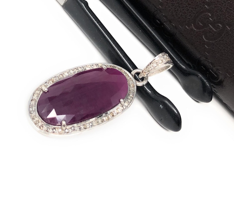 Genuine Ruby Jewelry Gifts for Her Natural Ruby Diamond Pendant Sterling Silver Pendant Pave Diamond Pendant Gemstone Pendant