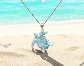 Larimar zeeschildpad schildpad hanger ketting, zilveren boho sieraden, Dominicaanse Republiek larimar ketting cadeaus voor haar, 1,75 x 1,25 inch