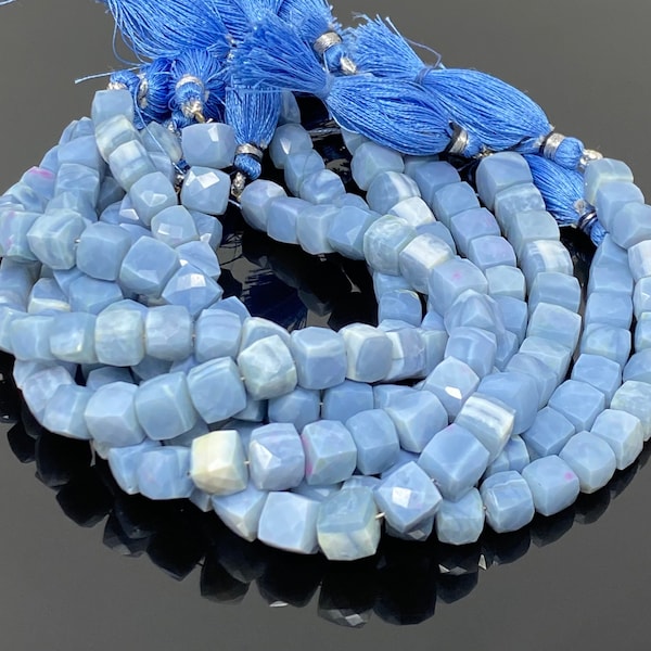 Blue Opal Gemstone Beads, 3D Cube Box Beads, Peruvian Blue Opal Beads, Wholesale Bulk Beads, 7.5” Strand