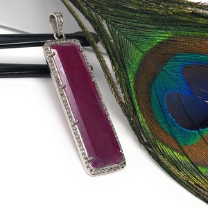 Natural Ruby Diamond Pendant, Gemstone Pendant, Pave Diamond Bar Pendant, Sterling Silver Pendant, Genuine Ruby Jewelry Gifts for Her