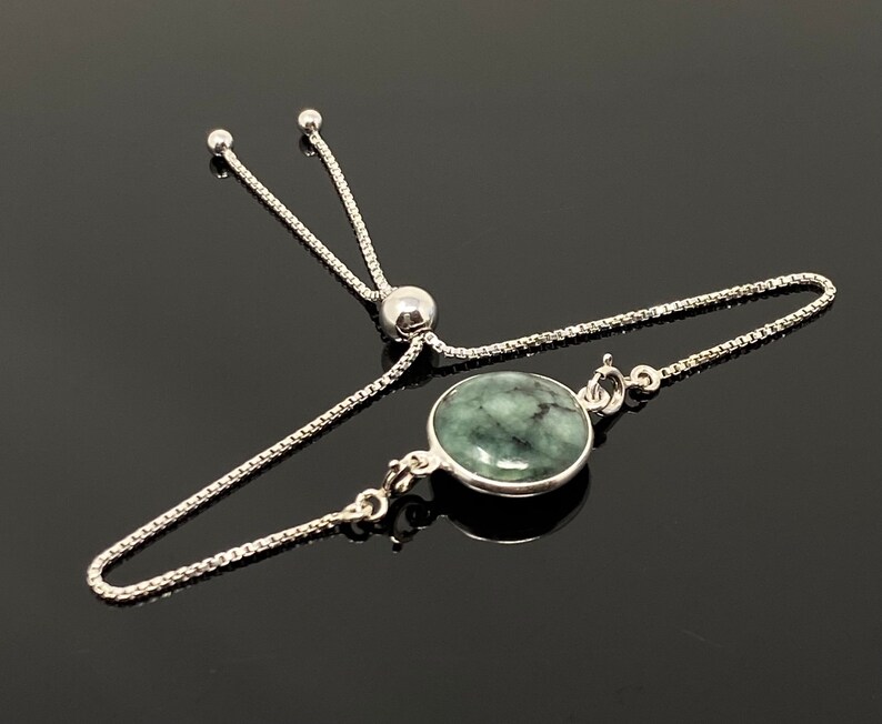 Birthstone Bracelet Gifts for Her Sterling Silver Adjustable Bolo Bracelet Natural Emerald Gemstone Bracelet