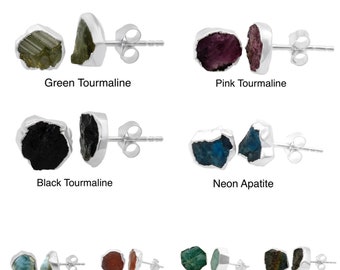 Raw Birthstone Electroplated Stud Earrings, Sterling Silver Gemstone Stud Earrings, Healing Crystal Rough Gemstone Studs