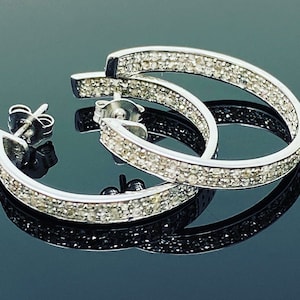 25mm Diamond Hoop Earrings, Sterling Silver Pave Diamond Earrings, Silver Hoop Earrings