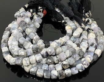 Dendrite Opal Gemstone Beads, Dendrite 3D Cube Box Beads, Bulk Wholesale Beads, 7mm - 8mm, 8” Strand