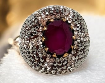 Turkish Ottoman Ring, Victorian Style Cubic Zirconia and Red Onyx Ring, Sterling Silver Handmade Turkish Ring, Gifts for Her, US Size 7