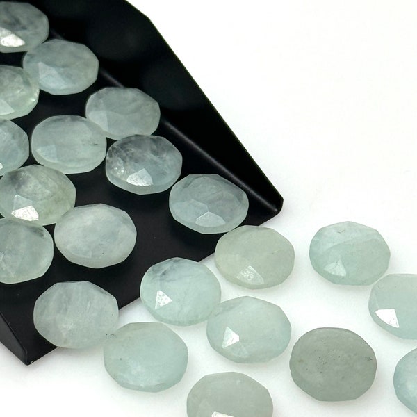 7 Pcs Natural Aquamarine Rose Cut Cabochons, Loose Gemstones, Aquamarine Rosecut Ring Stones,  Tablet Cut Aquamarine , 10mm