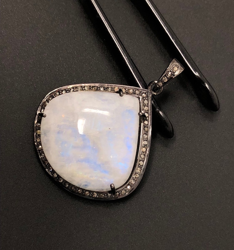 Sterling Silver Jewelry Pave Diamond Pendant Moonstone Pendant Gemstone Pendant Rainbow Moonstone Gemstone Pendant Diamond Pendant