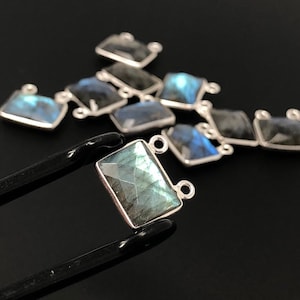 6 Pcs Labradorite Gemstone Connector, Sterling Silver  Double Bail Connector Charms , 14x14mm